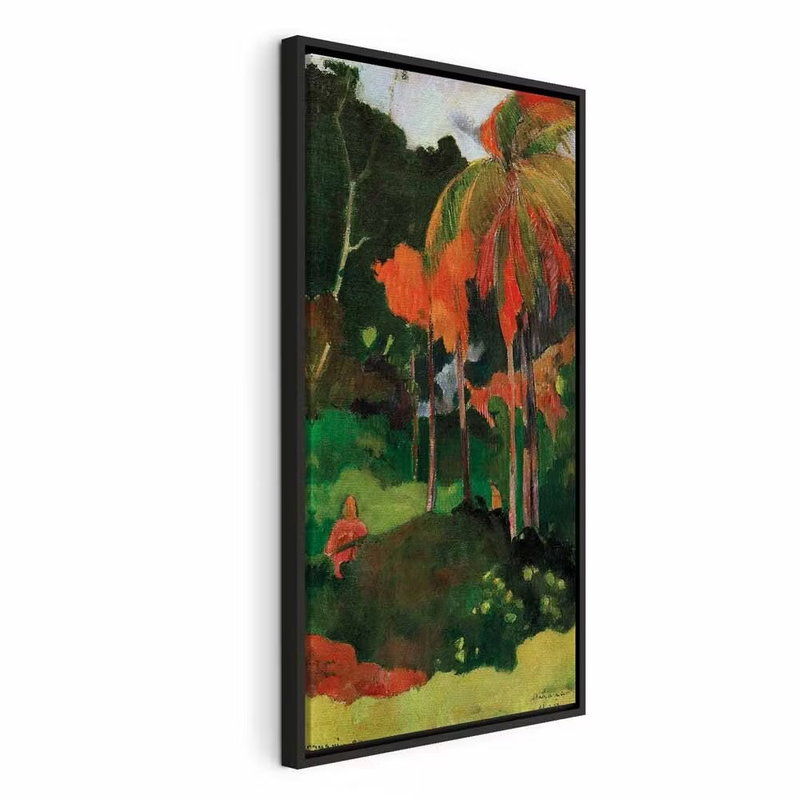 Paul gauguin mahana maa i – svart ram. Höga palmer med orange blad möter gröna landskapsfält och en liten figur.