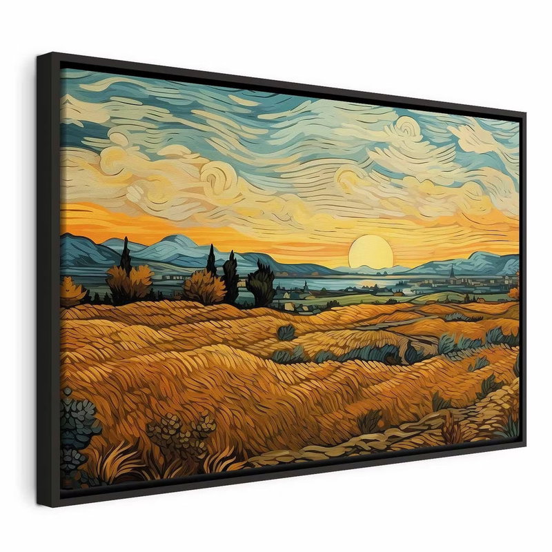 Impressionistic fields – svart ram. Ett målat landskap med gula fält, mörka träd och avlägsna berg ligger under en virvlande gulgrön himmel.