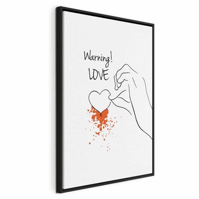 Warning love vertical – svart ram. Händer i svart linjeteckning formar ett hjärta tillsammans med en liten orange färgaccent och text.
