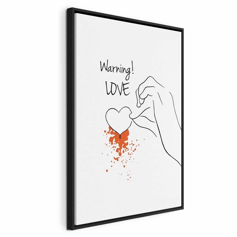 Warning love vertical – svart ram. Händer i svart linjeteckning formar ett hjärta tillsammans med en liten orange färgaccent och text.