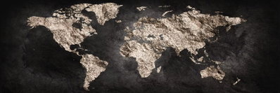 World full of secrets – motivvy. En ljusgrå världskarta ligger mot en svart bakgrund i en långsträckt komposition.