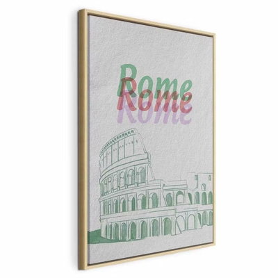 Rome in watercolours – naturfärgad ram. En grön linjeteckning av Colosseum möter färgade ord med namnet Rome på en ljus botten.