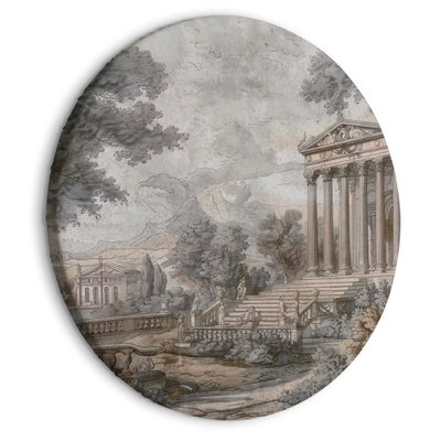 Rund motivvy för Temple on a hill: Ett klassiskt tempel med kolonner, trappor och terrasser ligger i ett kuperat landskap.