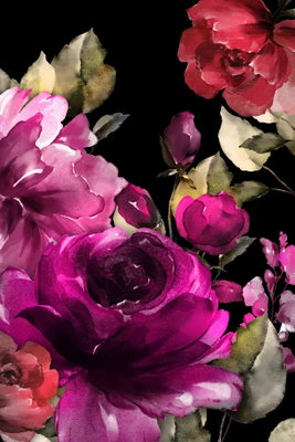 Midsummer vertical – motivvy. Mörkrosa och violetta blommor med små gröna blad fyller en svart bakgrund.