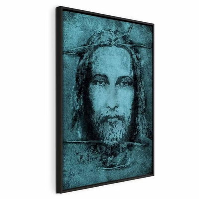 Shroud of turin in turqoise – svart ram. Ett skäggigt ansikte återges i mörka linjer mot en turkos, strukturerad bakgrund.