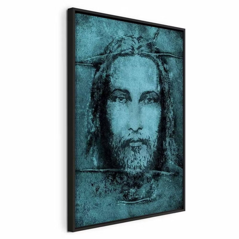 Shroud of turin in turqoise – svart ram. Ett skäggigt ansikte återges i mörka linjer mot en turkos, strukturerad bakgrund.
