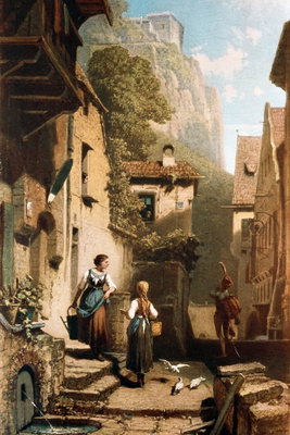 Carl spitzweg im – motivvy. Små personer står på en trappa i en smal, solbelyst gränd mellan höga brunbeige hus och grön växtlighet.