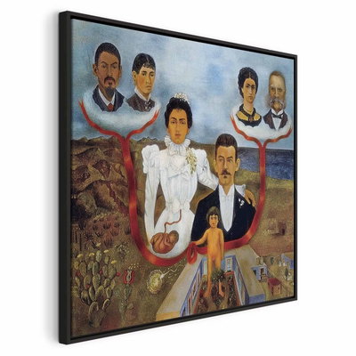 Frida kahlo my grandparents – svart ram. Porträtt av flera generationer binds samman av röda grenar över ett landskap och en liten byggnad.