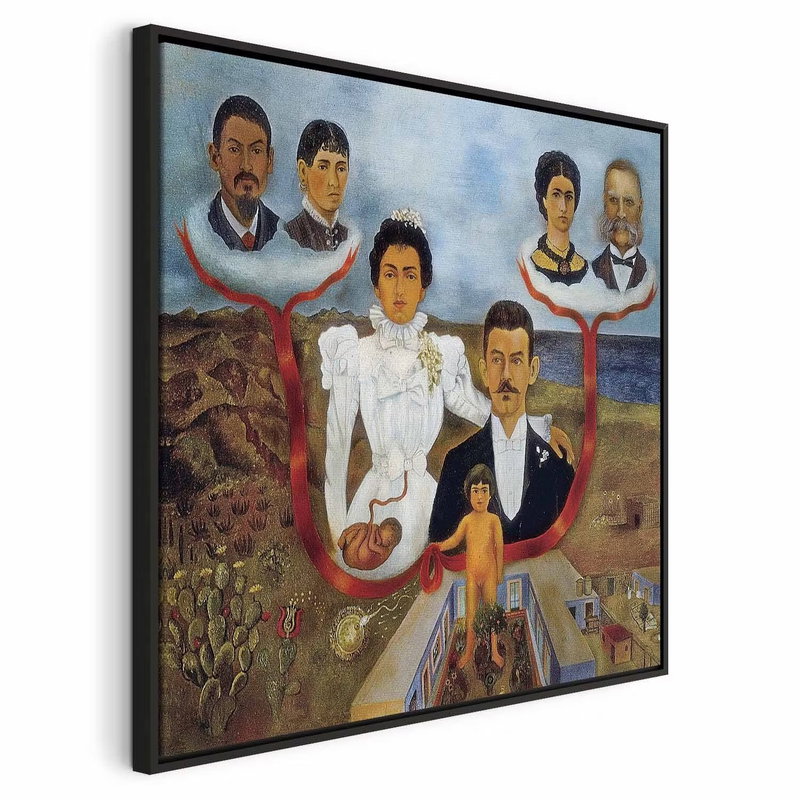 Frida kahlo my grandparents – svart ram. Porträtt av flera generationer binds samman av röda grenar över ett landskap och en liten byggnad.
