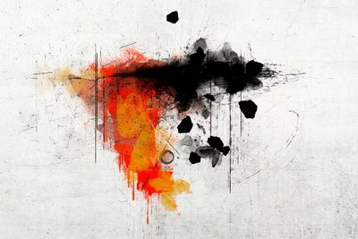 Expression of red wide – motivvy. Röda, orange och svarta färgstänk samlas kring ett litet centrum på en bred vit bildyta.
