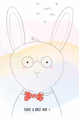 Greetings from rabbit – motivvy. En tunntecknad kanin med runda glasögon och röd fluga står framför en blek regnbåge och små fåglar.