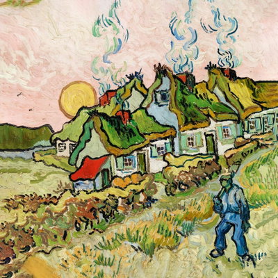 Kvadratisk motivförlaga för Vincent van Gogh - thatched: Små hus med halmtak ligger i ett färgstarkt landskap under en rosa himmel och en gul sol.