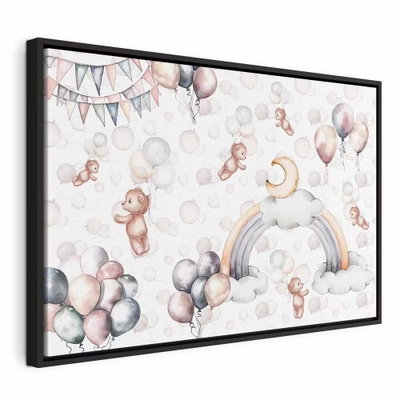 Toy bears with balloons – svart ram. En tecknad nalle, ballonger och en regnbåge samlas i ett barnmotiv med ljusa pastellfärger.