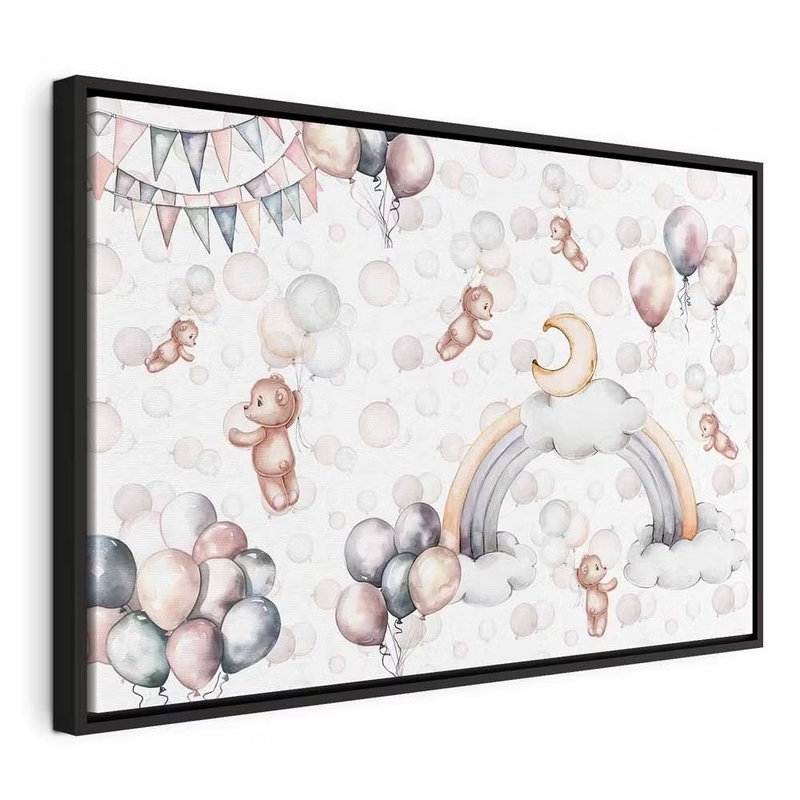 Toy bears with balloons – svart ram. En tecknad nalle, ballonger och en regnbåge samlas i ett barnmotiv med ljusa pastellfärger.