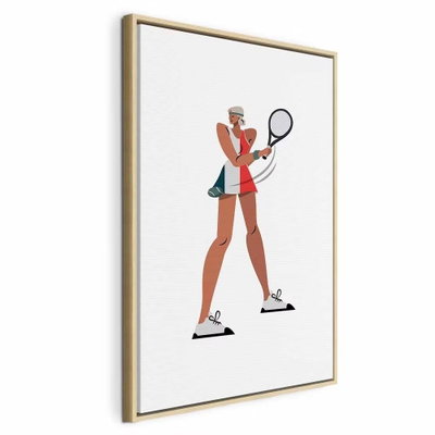 Tennis player with a racket – naturfärgad ram. En stiliserad tennisspelare med racket och kläder i rött och blågrönt framträder mot vitt.