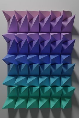 Uniform motion vertical – motivvy. Triangulära fält bildar ett veckat, tryckt mönster med färgövergångar i violett, blått och grönt.