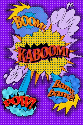 Kaboom vertical – motivvy. Stora serieliknande utrop och färgade pratbubblor ligger tätt mot en violett bakgrund.