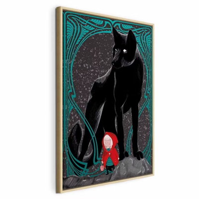 Red riding hood vertical – naturfärgad ram. En stor svart varg och en liten rödklädd figur bildar ett illustrerat sagomotiv inom en turkos, dekorativ bård.