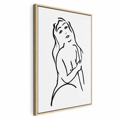 Passionate touch vertical – naturfärgad ram. En kvinnlig figur med långt hår tecknas med få svarta konturer mot en vit bakgrund.