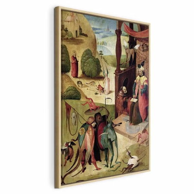 Hieronymus bosch st james – naturfärgad ram. Flera små gestalter i historiska dräkter rör sig mellan byggnader, träd och landskap i gröna och röda toner.