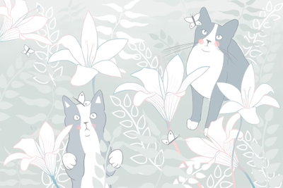 Cat matters wide first – motivvy. Två gråvita katter möter små fjärilar, vita blommor och ljusa blad mot en mjukt grågrön bakgrund.