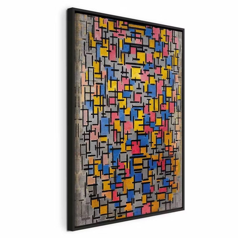 Piet mondrian composition – svart ram. Korta svarta linjer omger gula, blå, rosa och ljusa färgfält i ett tätt geometriskt nät.