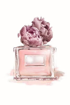 Parisian dream vertical – motivvy. En ljusrosa glasflaska och en stor blomma ligger mot en vit bakgrund med mjuka rosa skuggor.