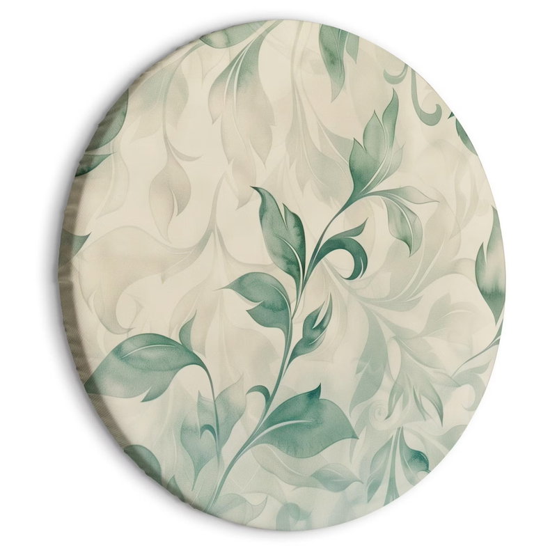 Rund motivvy för Watercolor botanical motif: Gröna blad och slingrande stjälkar löper över en gräddfärgad bakgrund.