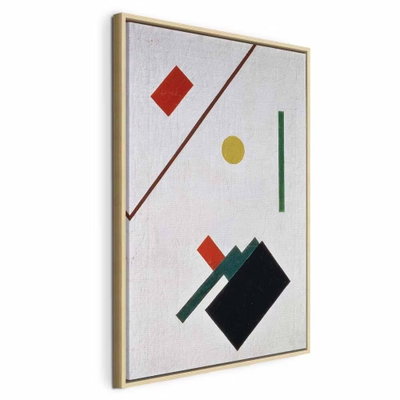Kazimir malevich suprematist – naturfärgad ram. Små röda, gröna, gula och svarta former möter en tunn diagonal linje på en ljus botten.