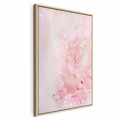 Pink nature vertical – naturfärgad ram. Ljusa rosa blomblad, runda droppformer och små ljuspunkter ligger mot en mjukt skimrande bakgrund.