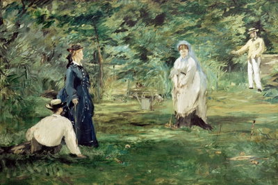 Edouard manet the croquet – motivvy. Flera personer i ljusa och mörka kläder vistas på en grön gräsmatta med träd och krocketutrustning.