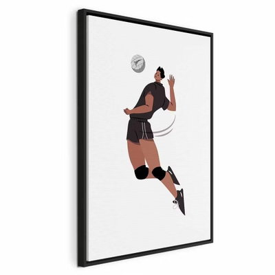 Volleyball player on a white – svart ram. En spelare i svartvit dräkt hoppar efter en volleyboll mot en vit bakgrund.