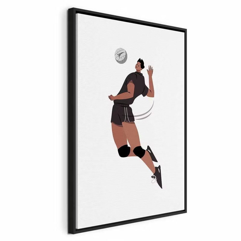 Volleyball player on a white – svart ram. En spelare i svartvit dräkt hoppar efter en volleyboll mot en vit bakgrund.