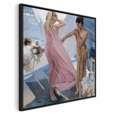 Joaqu n sorolla y bastida – svart ram. Två gestalter i rosa och bruna tygpartier står vid ett ljust blått hav i en klassisk målning.
