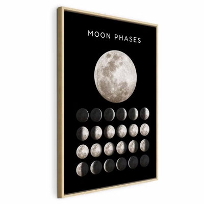 Moon phases vertical – naturfärgad ram. En stor ljus måne och många små månfaser återges i ett ordnat mönster på svart bakgrund.