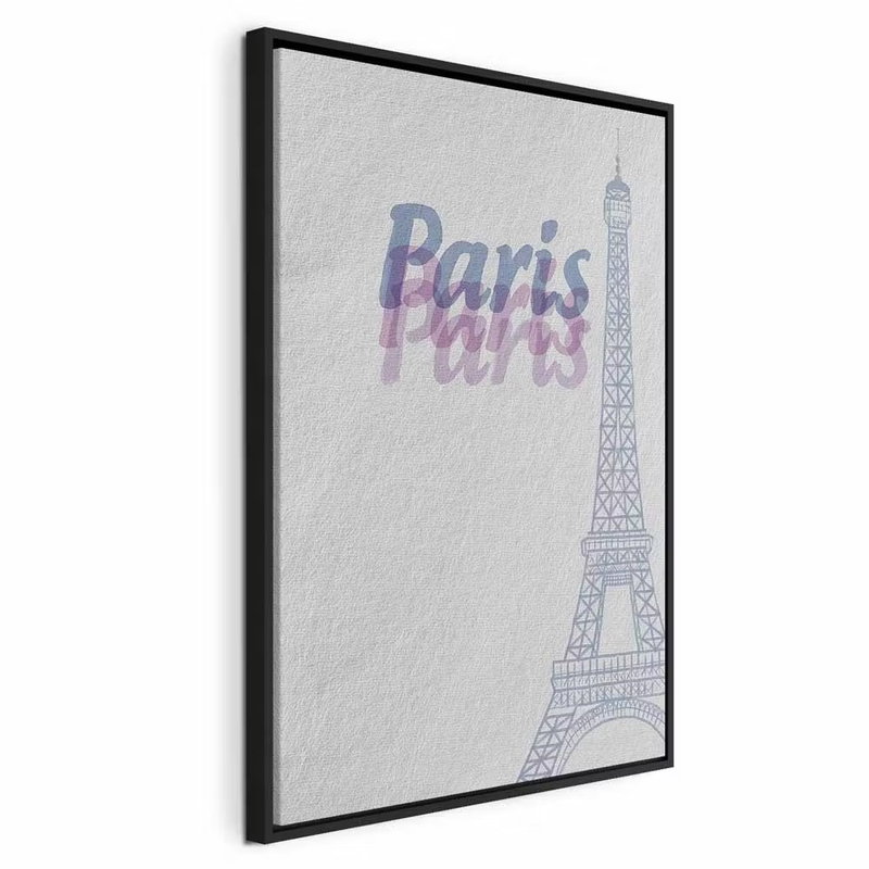 Paris in watercolours – svart ram. Eiffeltornet tecknas i blågrått tillsammans med ordet Paris i mjuka blå och violetta toner.