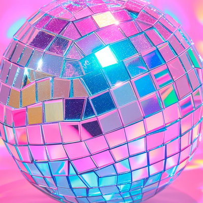 Kvadratisk motivforlæg for Pink disco ball: Lyserøde og lilla spejlfelter brydes af blåt og turkis i et lyst diskokuglemotiv.