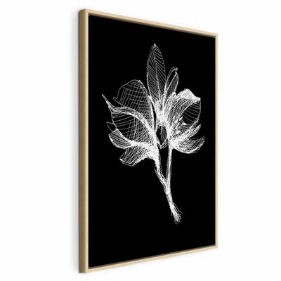 Night flower vertical – naturfärgad ram. En tunn, nätliknande blomform tecknas i vitt mot en helt svart bakgrund.