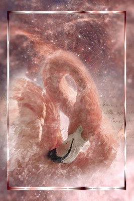 Space flamingo vertical – motivvy. En rosa flamingo återges inom en tunn ljus bård över en molnliknande, rosa och brun bakgrund.