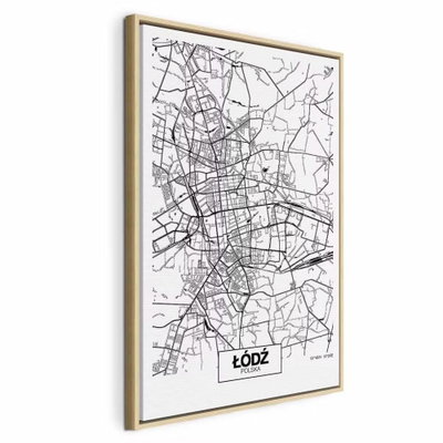 City plan lodz vertical – naturfärgad ram. Ett finmaskigt gatunät fyller en ljus stående karta med namnet ŁÓDŹ i en liten ruta nedtill.