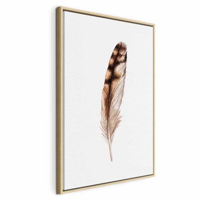 Magic feather vertical – naturfärgad ram. En ensam brun fjäder med tunna ljusa detaljer ligger mot en vit bakgrund.