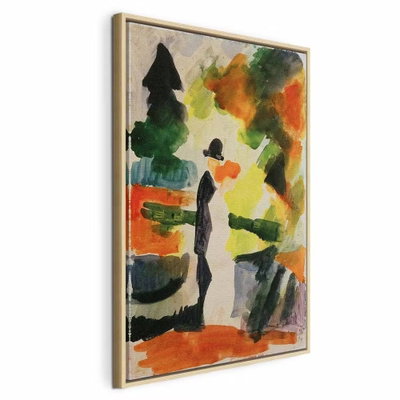 August macke paar im park – naturfärgad ram. Två små figurer i svart och vitt står bland gröna, orange och gula trädformer i en ljust målad park.
