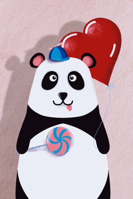 Panda with a balloon – motivvy. En tecknad panda håller en röd hjärtballong och en färgrik klubba mot en mjukt rosa bakgrund.