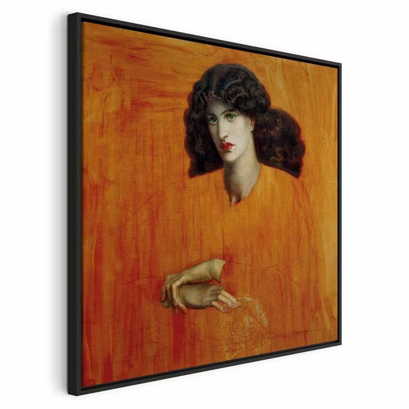 Dante gabriel rossetti la – svart ram. En mörkhårig kvinna med röd mun tittar åt sidan över ett varmt orange färgfält och en beskuren hand.