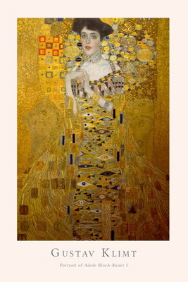 Gustav klimt portrait of – motivvy. Ett kvinnoporträtt omges av täta guldfärgade geometriska former med en ljus tryckt marginal.