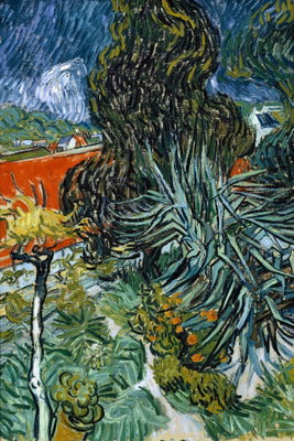 Vincent van gogh the garden – motivvy. Cypresser och kraftiga växtformer möter blågröna färgfält och en röd mur i en målad trädgårdsbild.