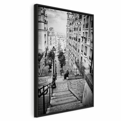 Parisian suburb vertical – svart ram. En lång trappa med mörkt räcke leder ned mellan täta husfasader i en svartvit stadsbild.