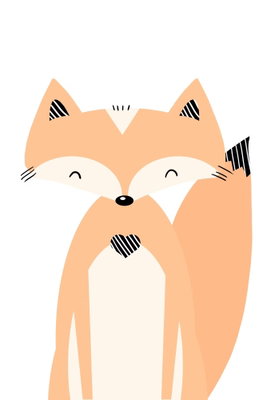 Happy fox vertical – motivvy. En orange räv med ljus nos och slutna ögon sitter mot en vit, avskalad bakgrund.