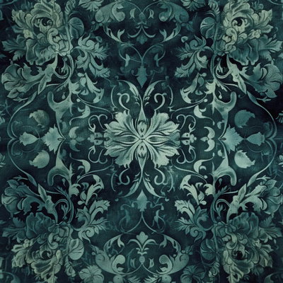 Kvadratisk motivförlaga för Oriental pattern carpet: Symmetriska bladornament i turkosgrönt och blått möts mot en mörk botten.