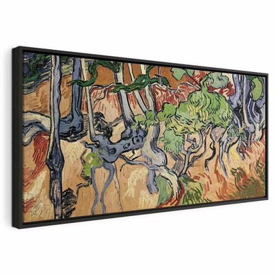 Vincent van gogh tree roots – svart ram. Mörka, sammanflätade rötter möter kantiga färgfält i blått, grönt och ockra.